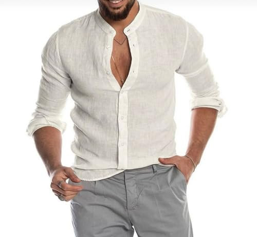 Camisa de Lino para Hombre - Manga Larga, Color Sólido, Cuello Hawaiano, Ideal para Verano, Playa y Festivos - Negro, Blanco, Rosa (S, Blanco)