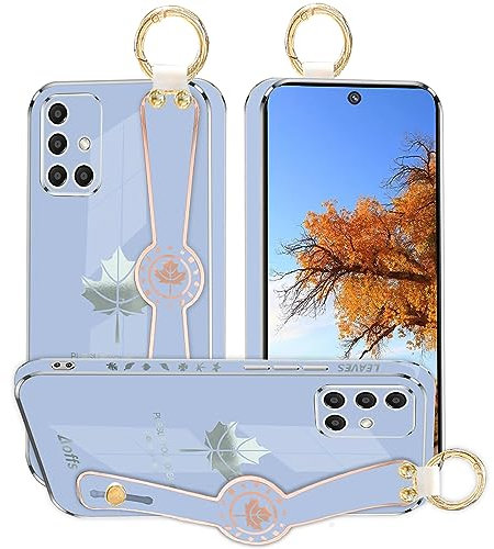 Kainevy Case with Strap for Samsung Galaxy A51 Wrist Aesthetic Purple Mobile Phone Case Samsung A51 4G Silicone Soft Case Thin Shockproof Protective Case with Maple Leaves Pattern Design (Lavender