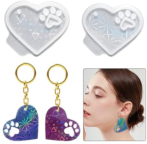 Zayookey 2 Stück Holografisch Anhänger Resin Silikonform Jewelry Pendant Resin Mold Herz Hundepfote Schlüsselbund Epoxidharz Formen Herz Schlüsselanhänger Harz Gießform