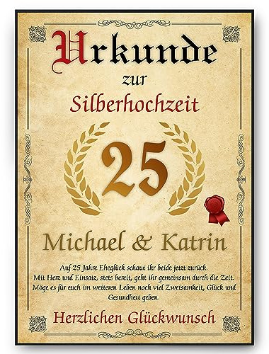 Personalisierte Urkunde zum 25. Hochzeitstag Geschenk zur Silberhochzeit | Silberhochzeit Karte Personalisiert mit Namen | 25. Jahrestag Geschenkidee Deko DIN A4