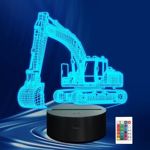 CoolGift Mart Excavator Bagger 3D Nachtlicht, 3D LED Optische Illusion Lampe mit Fernbedienung und Timer, Perfekte Weihnachten und Geburtstag Geschenkidee für Jungen, Kinder und Jugendliche