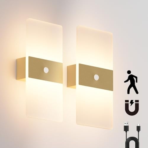 Coinmit 2 Stück Wandleuchte mit Bewegungssensor, 3000K, 4000mAh Akku Wandleuchte, Acryl Innenwandleuchte mit USB-Kabel, aufladbare Wandlampe für Flure und mehr.(Gold)