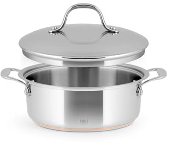 H&H Casseruola Bassa in Acciaio Inox e Rame, 2 Manici, 22cm, Con Coperchio