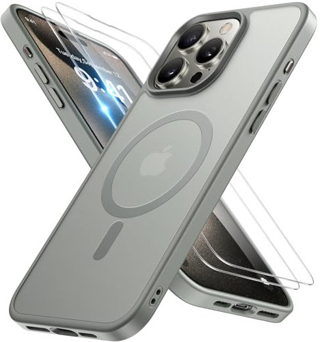 Miracase Magnetisch für iPhone 15 Pro Hülle Kompatibel Mit MagSafe[mit 2 Schutzglas] Militärnorm Schutz Anti-Fingerabdruck Schlanke Ausführung Handyhülle für iPhone 15 Pro 6,1 Zoll, Grau