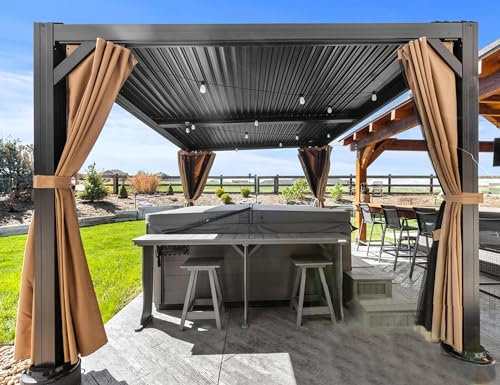 PURPLE LEAF Pergola Bioclimatique avec Guirlande Lumineuse Exterieure, Pergola Aluminium 4 x 3 m, Tonnelle de Jardin avec Rideaux et Moustiquaire, Toit à Lames, Kaki
