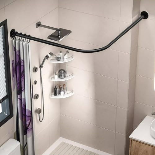 JXIPANUL Tringle à Rideau de Douche, Barre de Douche d'angle en Acier Inoxydable en Forme de L, tringles à Rideau de Douche réglables Comprenant 24 Anneaux, Tringle télescopique pour Salle