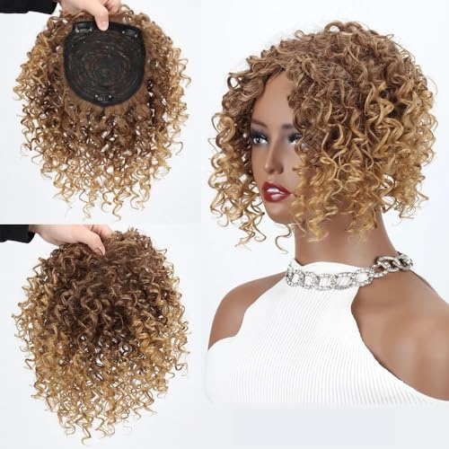 Hair Toppers für Frauen Synthetische kurze Afro-Locken-Haarteile, braun-blond, gemischte Farben, Toupet, Haarteil for Frauen und Männer, erhöht das Haarvolumen(Dark Blonde)