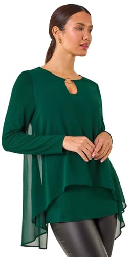 Roman Originals Ring Front Chiffon Overlay Tunic Top for Women UK - Ladies Everyday Autumn Winter Round Neckline Comfy Soft Evening Vacation Work Party Night Out - Forest - Size 12