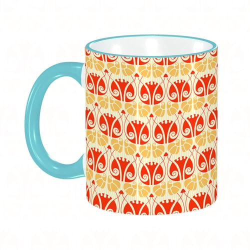 YOIUE Tasse aus Keramik - Große 11oz Tassen 330ml Kaffeetassen mit Henkel, 100% Handbemalt - Trinkgläser mit Griff - Weiß,Jugendstil, abstraktes symmetrisches Überlappungsmuster aus Pilzen, Datteln u