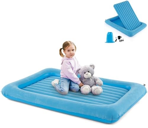 GYMAX Inflatable Toddler Travel Bed, Kids Air Mattress Set with Electric Pump, Storage Bag & Repair Kit, Portable Children Airbed for Camping Traveling Sleepover (Sky Blue)