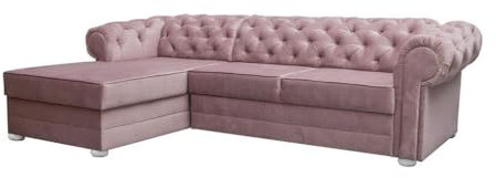 mb-moebel Chesterfield Ecksofa mit Schlaffunktion Sofa mit Ottomane Eckgarnitur Polsterecke Couch mit Bettkasten Samt (Velour) Glamour Wohnlandschaft - 280x180x81cm - Avia (Rosa (Kronos 27), Links)