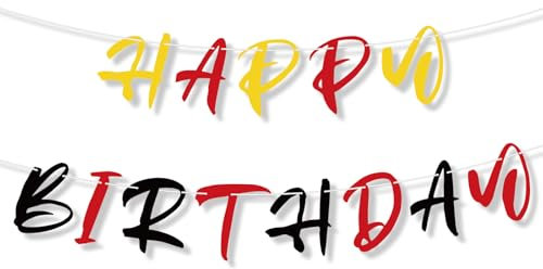 SAVITA Banner de Feliz Cumpleaños Ratón Dibujos Animados, Preensamblado Decoración Fiesta Cumpleaños con Temática de Anime en Rojo Negro y Amarillo para Niños Niñas Baby Shower Suministros Fiestas