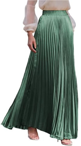 Plisseerock Damen Lang A Linie Satin Rock Damen Elegant Festlich Hochzeit Faltenrock Maxi mit Gummizug Langer Röcke Sommer Plissee Maxirock Skirt Long Sommerrock Leicht und Luftig Damenrock