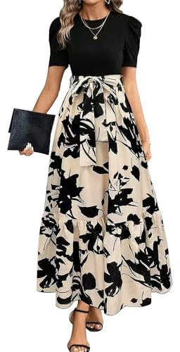 XFSRG Vestido Mujer Florales de Manga Corta Cuello Redondo Elegante Verano Volante Dobladillo A Línea Largos Vestidos para Casual Noche Fiesta(Beige/M)