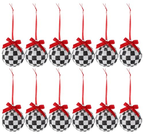 LIFKOME 12 Weihnachtskugel-Ornamente: 6 cm große Weihnachtskugeln mit rotem Band – Karierte schwarz-weiße Vintage-Glitzerkugeln für die Weihnachtsfeier und den Baumschmuck