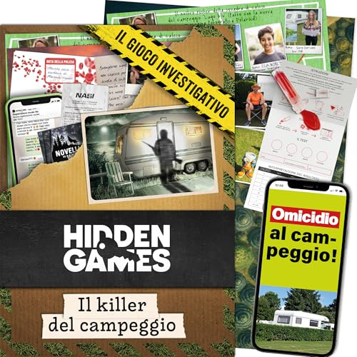 Hidden Games Luogo del Reato – Il killer del campeggio – Gioco detective | Un omicidio in campeggio. Gioco investigativo, indizi reali, audio e web. 1-6 giocatori, dai 14 anni