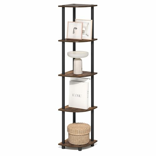 Furinno TURN-N-TUBE Corner Shelf, 5-Tier Corner Bookshelf, Open Storage Shelves, for Organization and Storage, Living Room, Home Office, Garage, Bedroom, Amber Oak