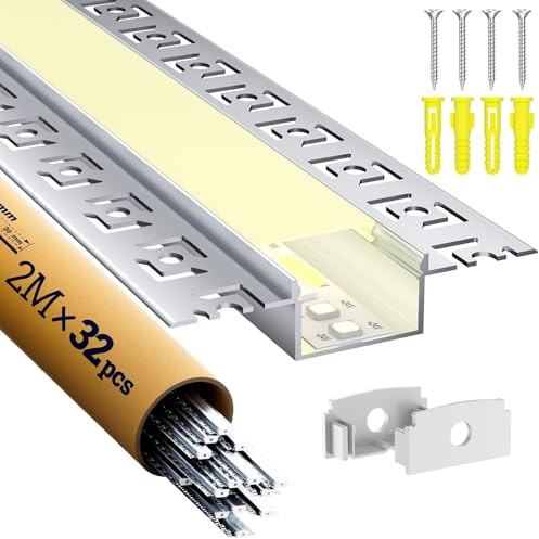 LASLUX 32 x LED Trockenbauprofil 2M Aluminium Profil für Strip Schiene Unterputz Kanal und Diffusor Aufputz für Indirekte Beleuchtung Decker
