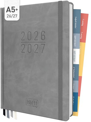Häfft Lehrer-Planer 2026/2027 im A5+ Format Grey Edition | Praktischer Lehrerkalender & Schulplaner mit Hardcover, 4 Lesebändchen, Stickern, Notenlisten & vielem mehr!