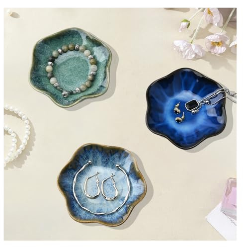 YoHyien 3 Pcs Ceramic Jewellery Dish Tray, Decorative Trinket Dish, Flower Shaped Ring Dish, Trinket Tray for Necklace, Bracelet, Earrings, Gifts for Her, Mum, Women (Lagoon + Glacier + Starry)