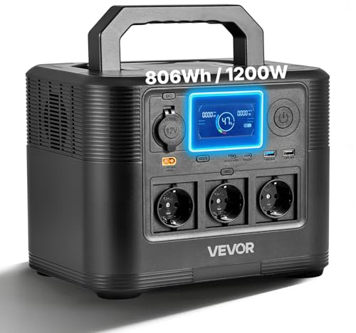 VEVOR Centrale Elettrica Portatile Generatore Solare 1200 W Stazione Elettrica Batteria di Backup LiFePO4 806 Wh con 9 Porte di Uscita per Campeggio Viaggio Emergenza, Pannello Solare Non Incluso