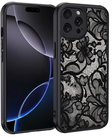 XTCASE für iPhone 16 Pro Hülle, Aesthetic Spitze Vintage Muster Frauen Mädchen Case Matt Handyhülle Kratzfeste PC Rückseite + TPU Bumper - Schwarz