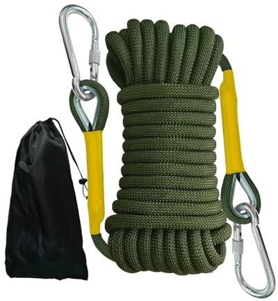 HUtzpah Corde Statique 8mm 30m – Kit de Sécurité pour Corde d'escalade | 2 mousquetons acier + sac. Usages : alpinisme, camping, sauvetage – Vert Olive