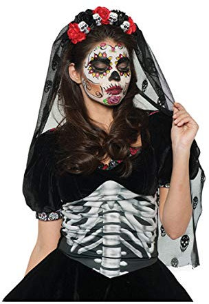 Horror-Shop Dia de los Muertos Kopfschmuck mit Rosen & Totenköpfen