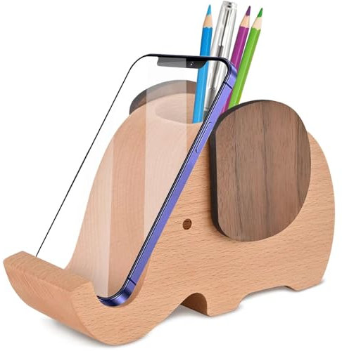 AhfuLife Holz Elefanten Stifthalter mit Handy Halter Schreibtisch Organizer, Schreibtisch dekoration Multifunktionaler Handyhalter, Geschenk für Valentinstag, Geburtstag, Muttertag, Weihnachtstag