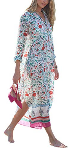 Bsubseach Chiffon Print Shirt Dress Beach Cover Up Loose Turn Down Collar Long Sleeve Bikini Kaftan Cover Ups for Swimwear Women