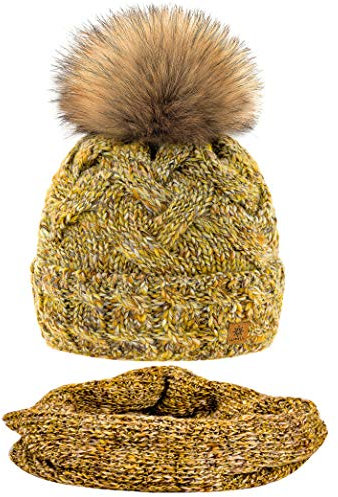MFAZ Morefaz Ltd Set Mütze & Schal Winter Damen Alpaka Wolle Beanie Strickmütze Wurm Fleece Bommel Pom Pom (Mustard Set Hat&Scarf)