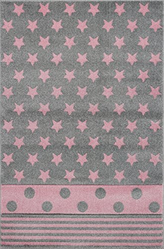 Pflegeleichter Kinderteppich Baby Kinderzimmer Teppich mit Sterne Punkte Linien Silber grau rosa 120 x 180 cm