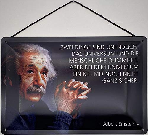 Blechschild mit Kordel 30 x 20 cm Albert Einstein: Zwei Dinge sind unendlich: Das Universum und die Menschliche Dummheit. - Blechemma