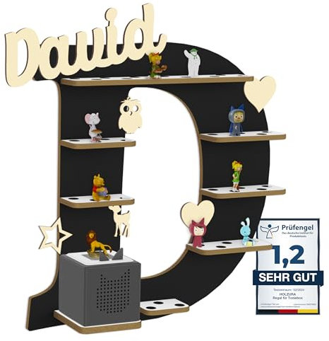 Holzura Tonie Regal für Toniebox, Toniebox Regal personalisiert mit Name und Holzsymbolen, Tonie Aufbewahrung (Buchstabe D)