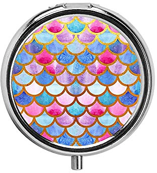 Metall Pillendose Rund, 3 Fächer Tragbare Reise Pille Tablet Container Pillenbox, 50mm Mini Pillenetui Medikamentenbox Organisator Rosa blaues Fischschuppenmuster
