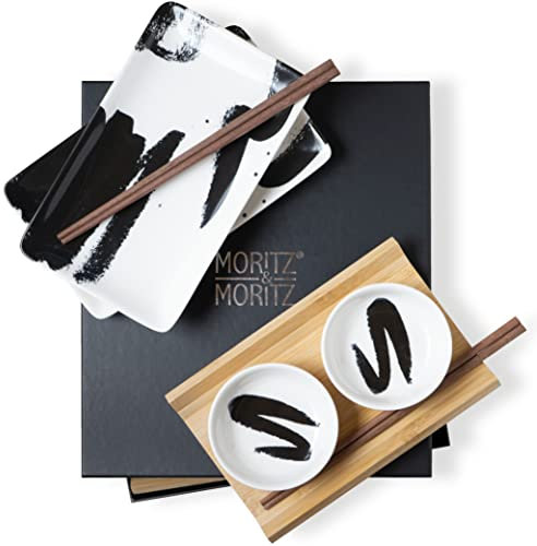 Moritz & Moritz 8-tlg. Sushi Geschirr Set für 2 Personen - Sushi Servierset mit 2x Sushi-Teller, Dip-Schälchen und Stäbchen