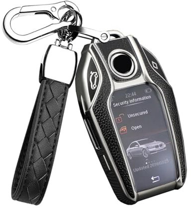 HIBEYO Étui de Protection pour clé de Voiture BMW Série 5 7 i8 730li 740li 750li X3 X7 Boîte à clés avec écran en Cuir TPU texturé argenté