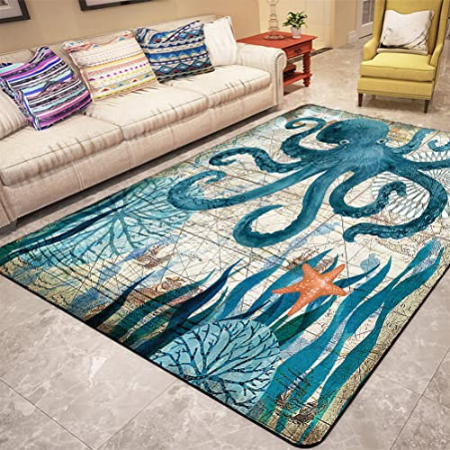 Dolphin Turtle Octopus 3D Ocean Teppiche Großes Wohnzimmer Teppich Schlafzimmer Kinderzimmer Rutschfeste Blaue Meerestiere Fußmatten für Küchenspüle,Krabbelmatte für Kinder (Blau 4,120 x 160 cm)