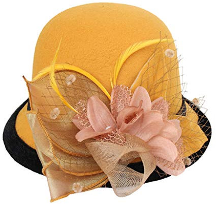 LIANGFANG Damen Filzhut Eleganter Hut Melone Mütze Winterhut Fischerhut Mode Mütze mit Blumen Herbst und Winter, AAC01, Gelb, Einheitsgröße