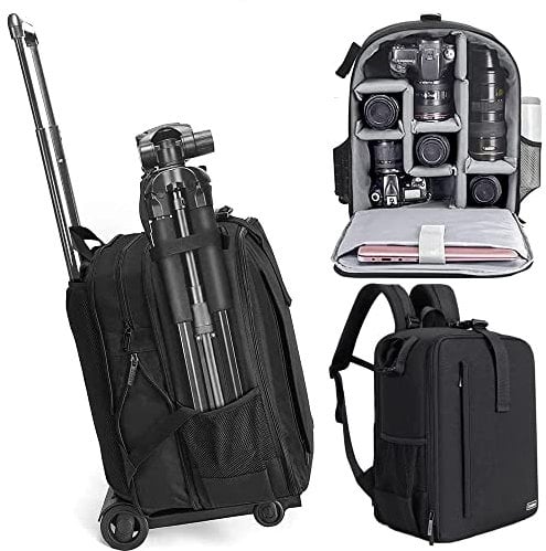 Cwatcun Camera Backpack Trolley Case Bag with Tripod Holder Anti-Theft Waterproof Camera Bag fits 15.6' Laptop for Canon Nikon Sony DSLR SLR Camera for Women Men Photographer(5.0 Black, Large)