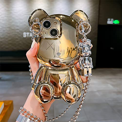 LANJINDENG Compatible with iPhone 15 Plus Case Kawaii 3D Gold Teddy Bear Luxury Design for Women Girls with Cute Silver Metal Chain Strap Bell Pendant Sparkle Bling Protection Cover