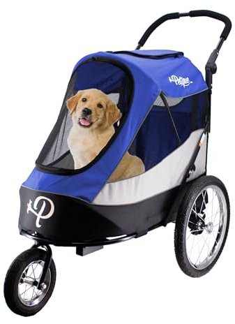 Petique Trailblazer Jogger Hundebuggy für mittelgroße Hunde & Katzen – luftgefüllte Reifen, 3 Leinen, Peek-a-Boo-Fenster, faltbar, großer Stauraum – Blau Haustierwagen