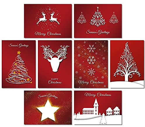 Charity Christmas Card Pack of 24. Each Christmas Card Multipack has 8 Different Festive Red Designs. Ecofriendly and UK Made. Verse Inside. 172 x 122mm Card Size.