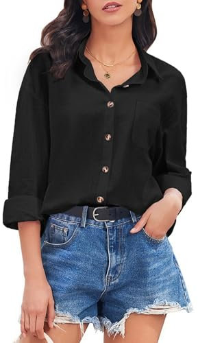 Hotouch Damen Blusen Elegant V-Ausschnitt Hemdbluse Langarm Hemden mit Knöpfen Lockere Passform Oberteil mit Tasche Schwarz L