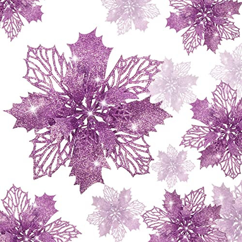 Boao 24 Stück Weihnachten Glitzer künstliche Weihnachtssterne Blumen Weihnachtsblumen Dekorationen Hochzeit Weihnachtsbaum Neujahr Ornamente (Lila)