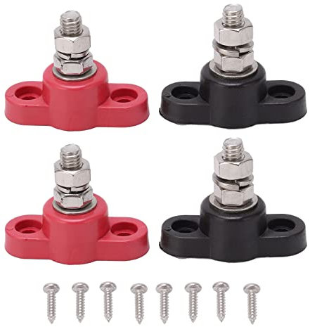 Jectse Morsettiere della Batteria, Morsettiera della Barra del Bus DC12V 24V, Morsetto di Giunzione della Batteria del Perno di Alimentazione Negativo e Positivo, Prigionieri M8, Set da 4 Pezzi Rosso