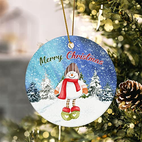 Weihnachten Porzellan Ornament Frohe Weihnachten Schneemann Urlaub Andenken Schnee Wald Weihnachtskranz 8,1 cm Zwei Seiten Bedruckt Weihnachten Hochzeit Dekoration für Paar Geschenk Brautpaar 2022
