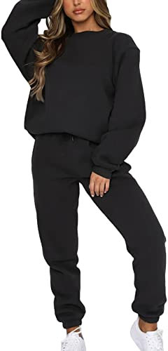 amropi Survêtement Femme Ensemble doublée de Fourrure Sweat à Pullover et Pantalon Jogging (Noir,XXL)