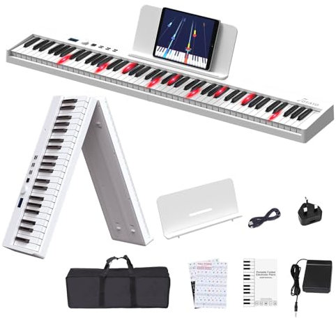 OYAYO 88 Key Folding Piano Keyboard, Full Size Semi-Weighted Portable Keyboard Support Lighted Keys MIDI, Digital Keyboard Piano with Piano Stickers, Sustain Pedal, for Kids Adult Birthday Gift(White)