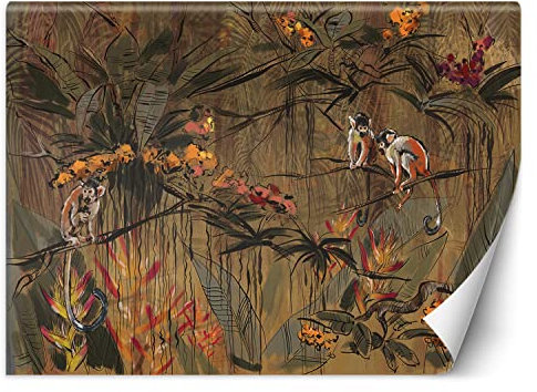 Feeby Fototapete Dschungel Blätter Affe 450x315 cm Orange XXL Vlies Wandtapete Tapeten Wohnzimmer Schlafzimmer Jugendzimmer Moderne Design Wandbild Wand Dekoration Tropen Exotisch